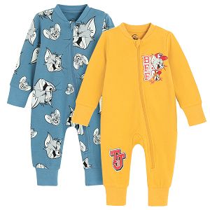 Tom and Jerry blue and yellow zip through footless overalls- 2 pack