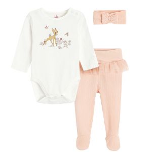 Bambi white long sleeve bodysuit and light brown footed leggings, hair band- 3 pieces