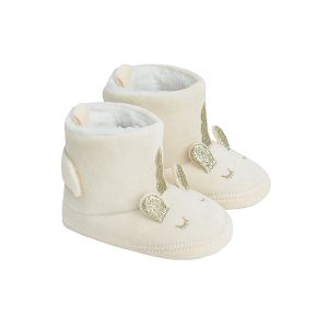 White newborn slippers with gold unicorn print