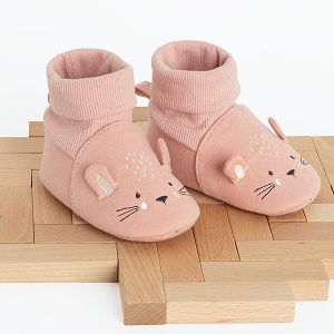 Pink new born slippers with cat print