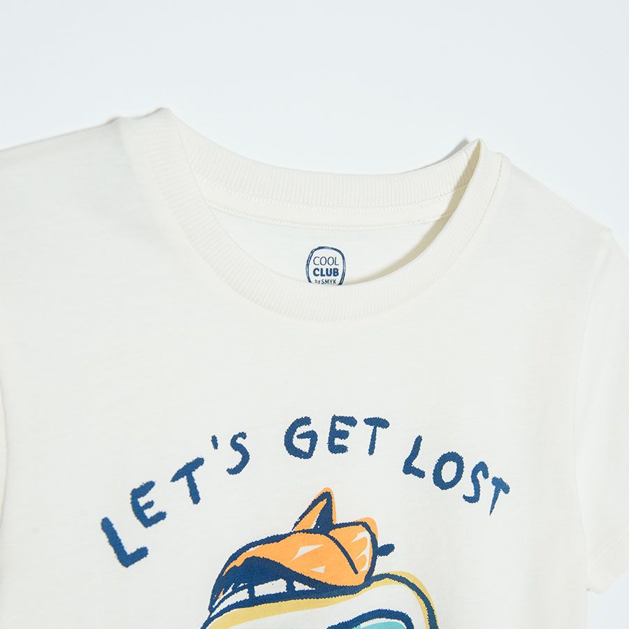 White short sleeve T-shirt with truck and LETS GET LOST print